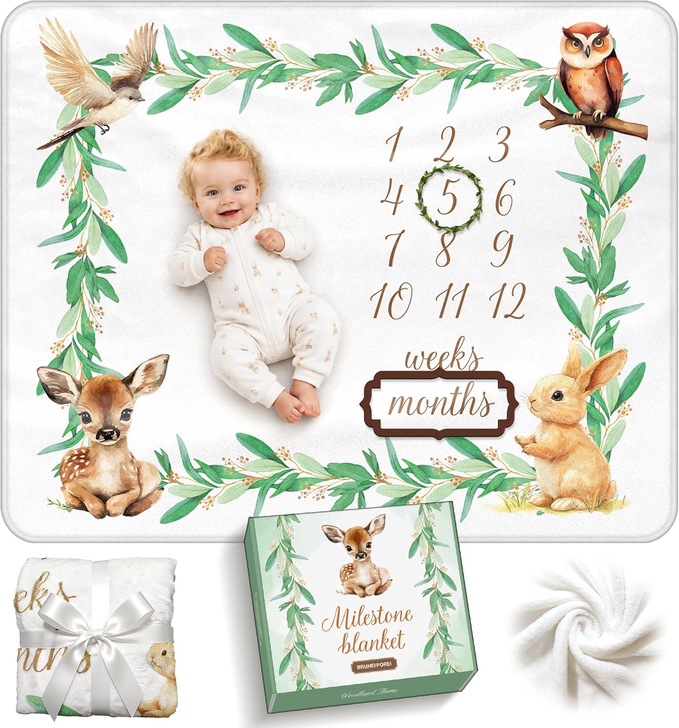 Baby Milestone Blanket Woodland, 50" x 40" Thick Soft Flannel, Gender Neutral, Includes 2 Custom Shaped Markers, Premium Gift Box, Ideal for Monthly Baby Photos and Keepsake Gift