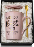 Mothers Day Birthday Gifts for Mom from Daughter Son - 14Oz Funny Best Mom Mug with Gold Print, Unique Pink Marble Coffee Cup with Lid Spoon Greeting Card, Happy Moms Gifts Idea, Luxury Gift Boxed Set