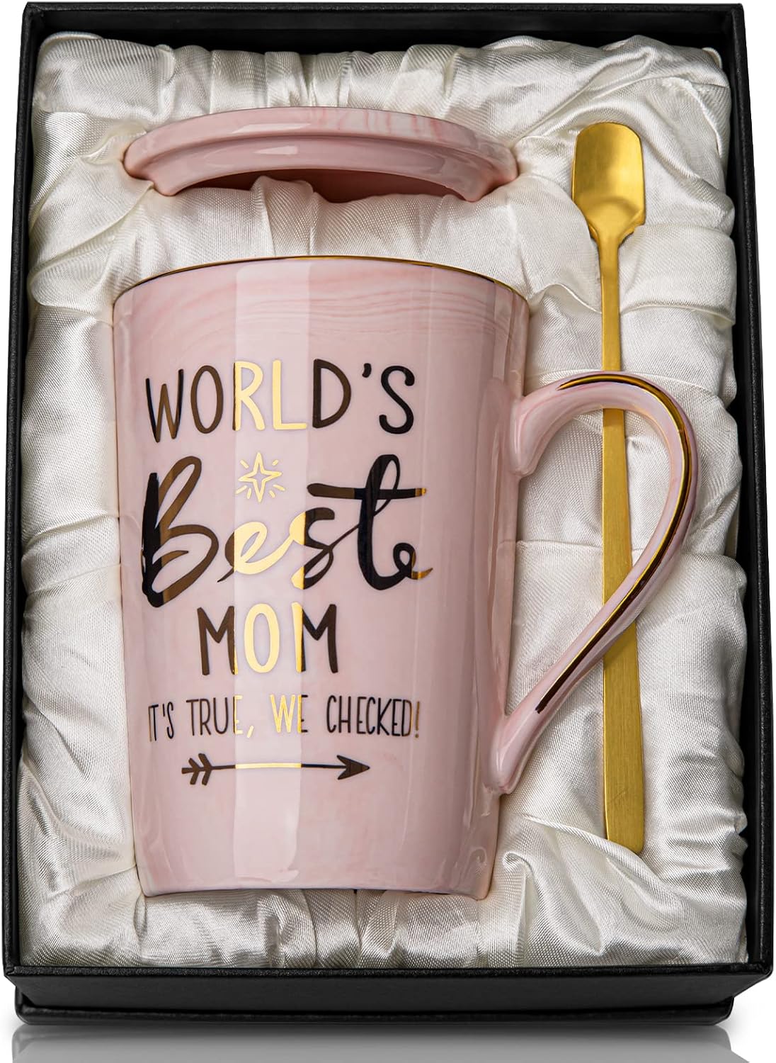 Mothers Day Birthday Gifts for Mom from Daughter Son - 14Oz Funny Best Mom Mug with Gold Print, Unique Pink Marble Coffee Cup with Lid Spoon Greeting Card, Happy Moms Gifts Idea, Luxury Gift Boxed Set