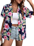 Women Hawaiian Shirt Soft Cool Summer Hawaii Shirts Floral Tropic Print V Neck T-Shirt Short Sleeve Button Up Tops