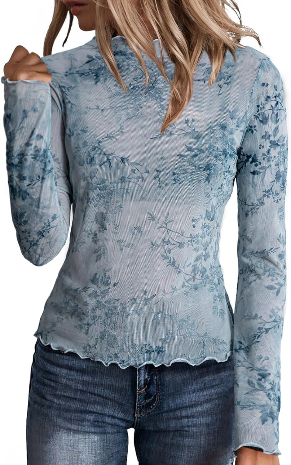 Women's Velvet Floral Embroidery Mesh Tops Gradient 2026 Long Sleeve Lace Shirt