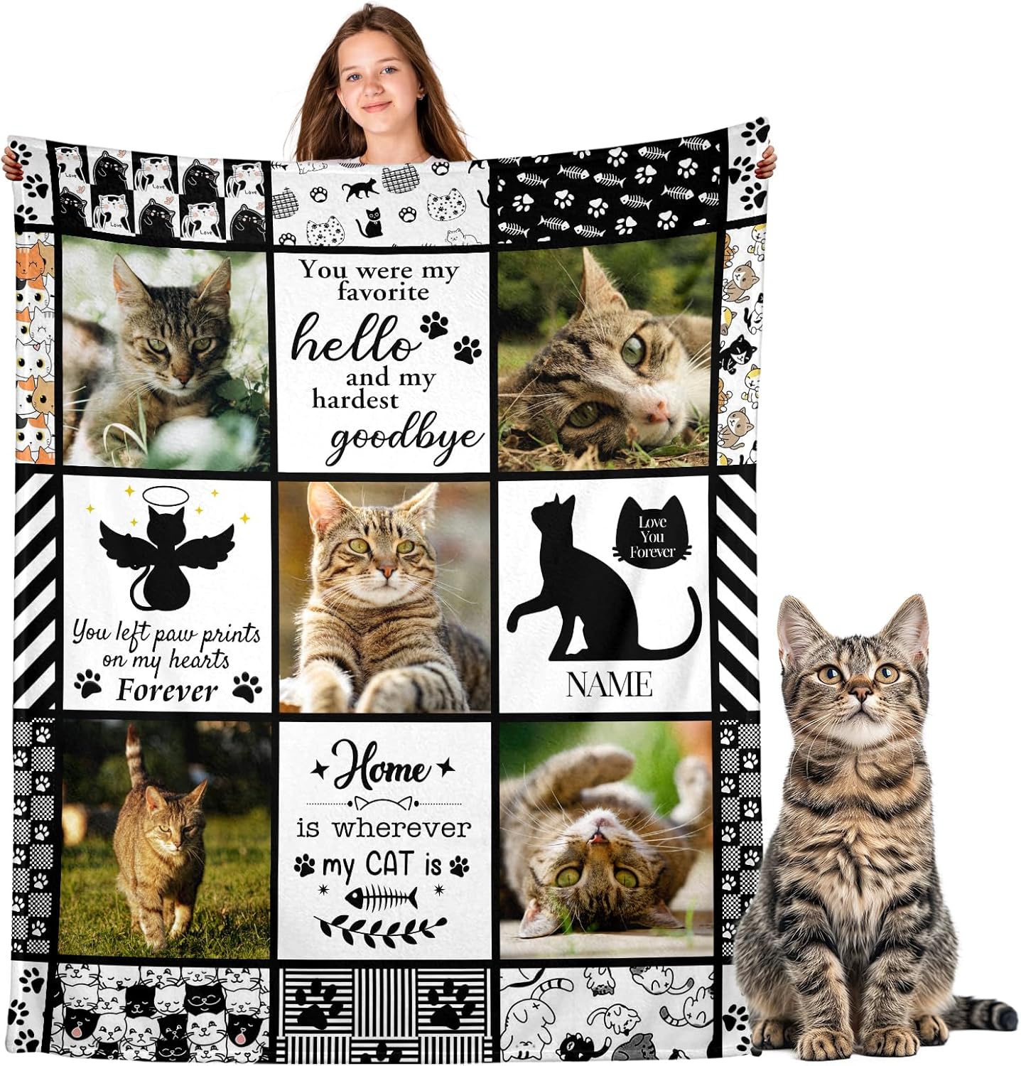 WFR Ship Next Day,Personalized Memorial Blanket for Loss of Cat - Print in USA,Pet Sympathy Remembrance Gift for Cat,Custom Memorial Throw Blanket with 5 Photos, Condolence Gifts for Loss of Pet