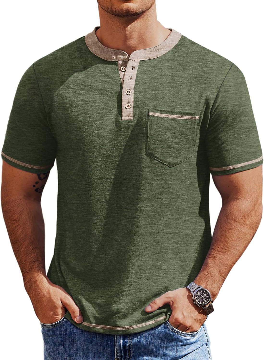 Mens Henley Shirts Short Sleeve Casual Button T-Shirts Basic Tee Shirts Summer Vintage T Shirts with Pocket