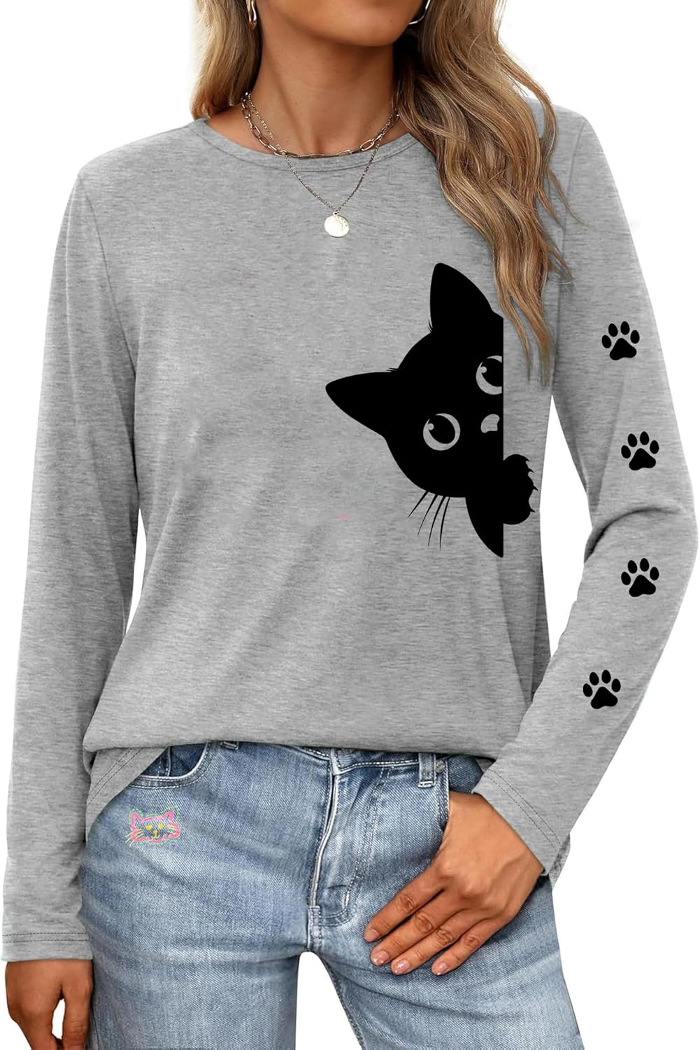 Cat Long-Sleeve T-Shirt for Women Peeping Cat Mom Pet Lover Paw Graphic Pullover Top
