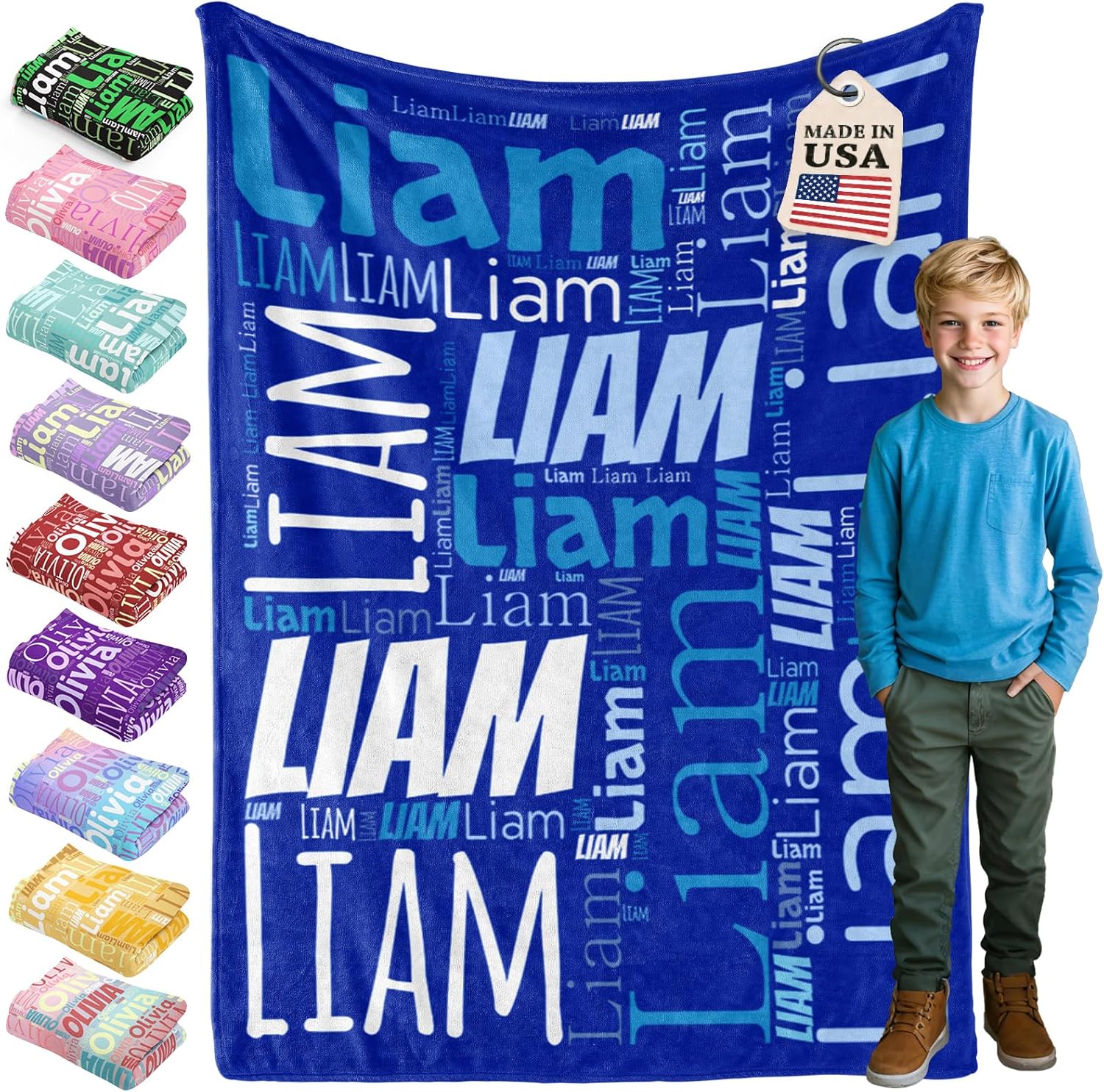 Bemaystar Ships Next Day, Custom Blanket with Name for Kids, Made in USA, Custom Name Blanket for Kids, Personalized Blankets for Boys Girls, Personalized Gifts for Kid Teen Girls Boys - Blue