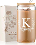 Personalized Gifts for Women, Monogrammed 16oz Glass Cups with Bamboo Lids and Straws, Customized Glass Tumbler, Cute Custom Mug, Customizable Initial Iced Coffee Glasses, Birthday Bridesmaid Mom, K