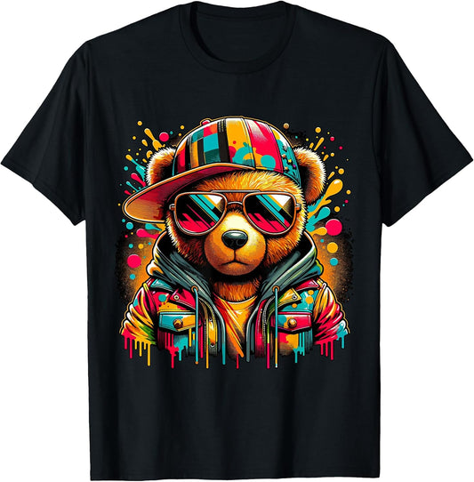 Colorful Hip Hop Teddy Bear with Sunglasses Rap Music T-Shirt