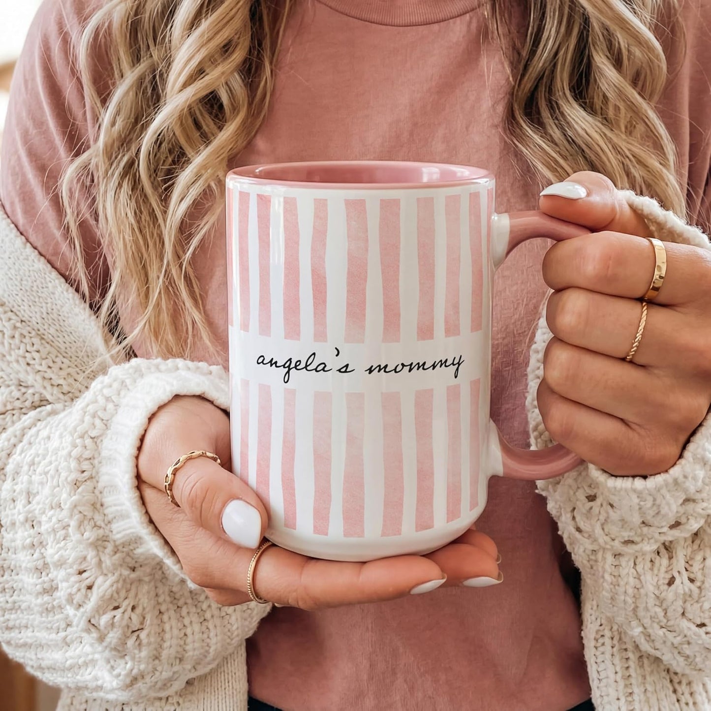 Personalized Striped Coffee Mug, Custom Name & Text Ceramic Cup, 11oz & 15oz Cute Aesthetic Drinkware Gift for Women, Mom, or Friends