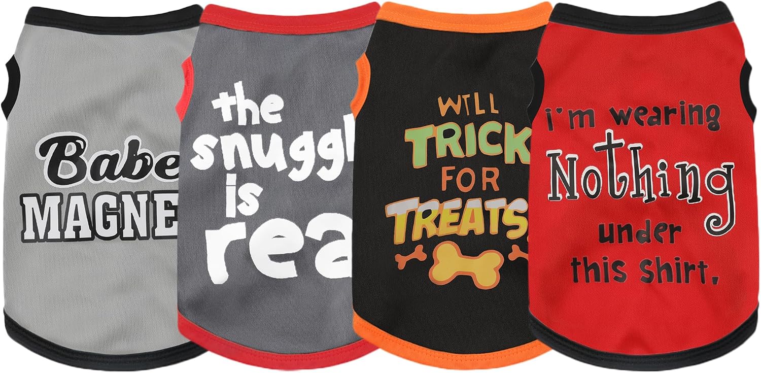 Elevate Your Pet's Seasonal Style with Playful Panache: 4-Piece Set of Dog Shirts Featuring Hilarious Printed Patterns for Airy Comfort in Summer and Fall Classic Set 1 Large