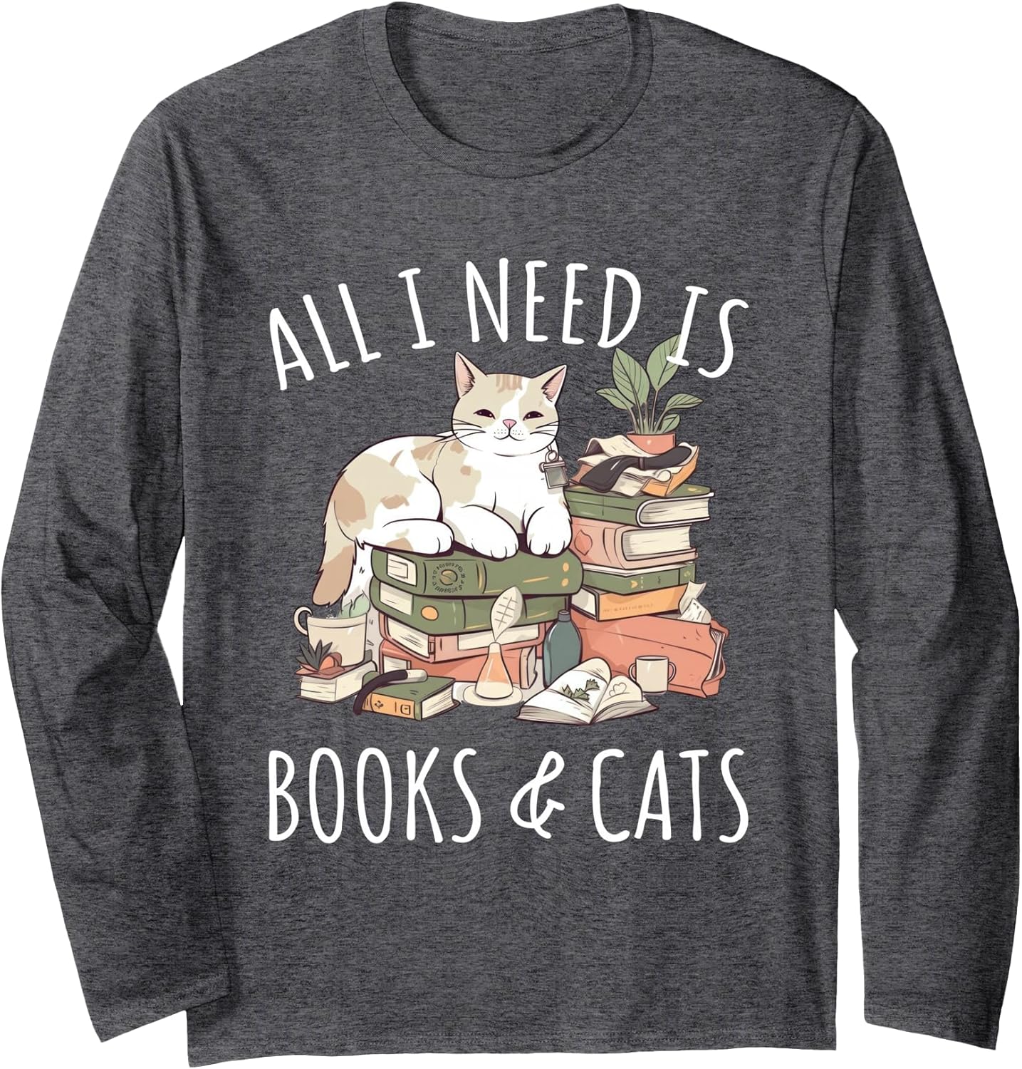All I Need is Books & Cats Women Reading Cat Lover Long Sleeve T-Shirt