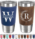 Personalized 20oz Leather Tumbler with Name and Logo, Personalized Stainless Steel Insulated Travel Mug Included Engraving, Custom Travel Mug for Hot & Cold Drinks, Vacuum Insulated