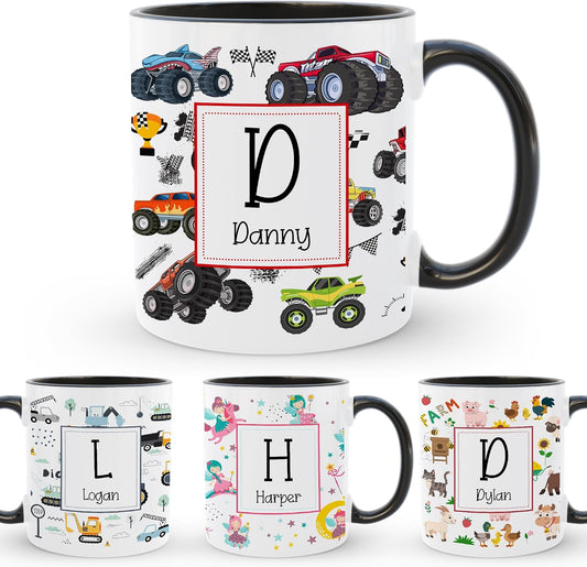 Personalized Kids Coffee Mug with Name & Initial | 11 oz Custom Ceramic Mug with Handle for Boys & Girls | Hot Chocolate, Cocoa, Milk, Tea Drinking Cup | Gift for Children Toddlers | Black