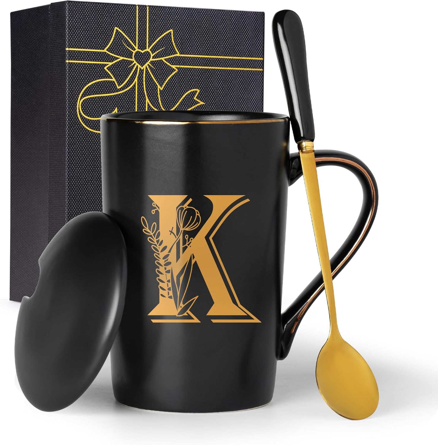 Letter K Personalized Initial Mugs with Flower, Letter K Personalized Coffee Mug, Customized Cool Letter Mugs for Women, Bridal Shower Gifts, Women's Initials Gifts Mug 14 OZ Matte Black