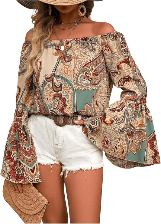 Women's Off The Shoulder Bell Long Sleeve Top Boho Allover Print Blouse Shirts