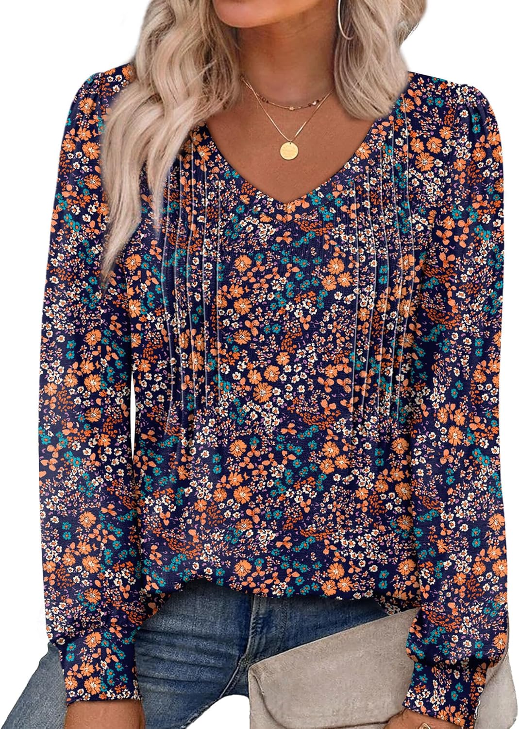 Womens Long Sleeve Shirts Pleated V Neck Curved Hem Fall Winter Tunic Tops Blouses Print