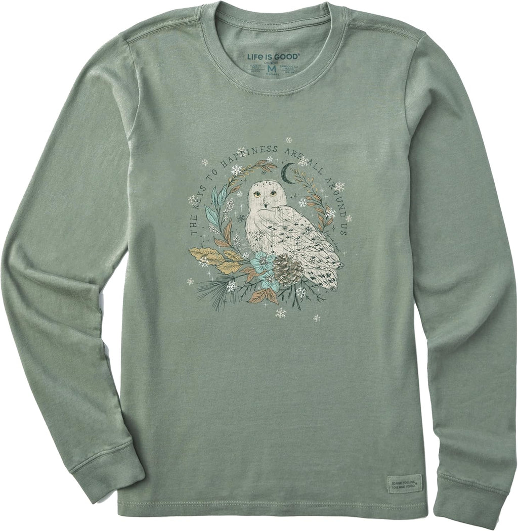 Women's Crusher Tee Shirt, Long Sleeve Cotton Graphic T-Shirts, Key to Happiness Snowy Owl