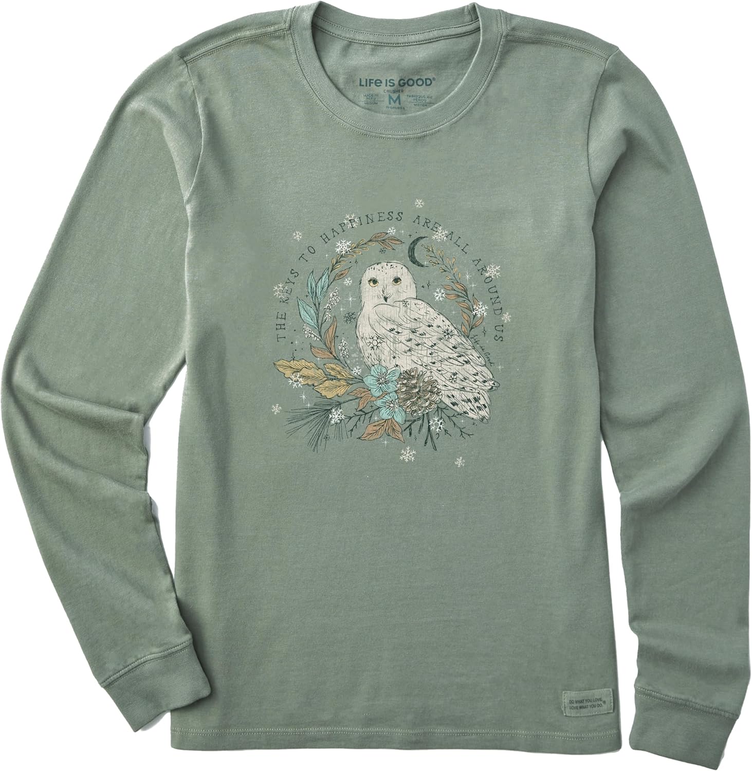 Women's Crusher Tee Shirt, Long Sleeve Cotton Graphic T-Shirts, Key to Happiness Snowy Owl
