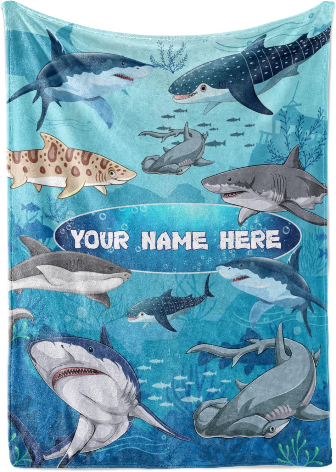 Personalized Shark Blanket for Kids - Ships Next Day and Made in USA - Soft Fleece Throw Bed, Cute Room Decor, Plush Sofa Couch Cover, Lightweight Baby Shark Toys, Custom Gift (Fleece – 50x60)