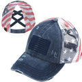 Women's Criss-Cross Ponytail Baseball Cap – Embroidered Cotton Front, American Flag Mesh Back, Adjustable Velcro