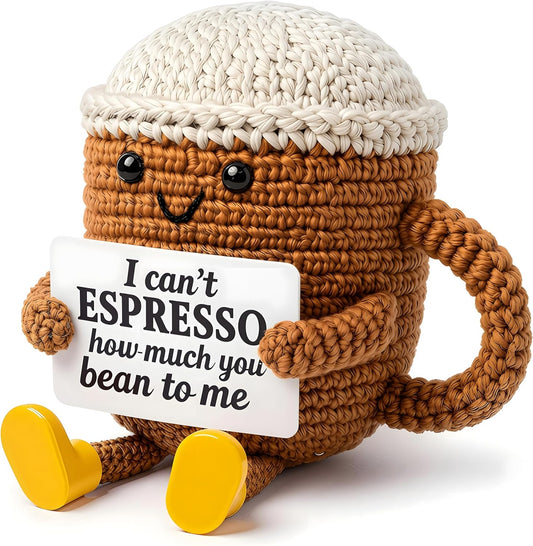 Birthday Gifts for Women,Cute Coffee Mug Desk Decor,Positive Espresso Emotional Crochet Handmade, Funny Happy Christmas Dolls for Women Men Girls Coffee Lover Gifts