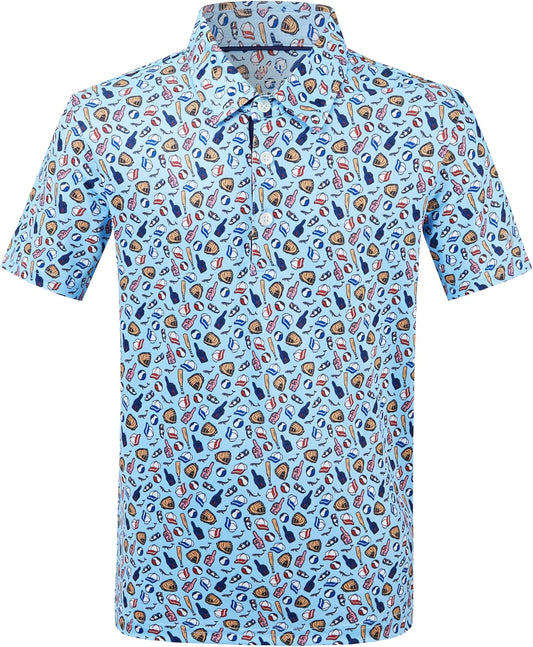 Boys Polo Shirt Short Sleeve Performance Dry Fit Stretch Funny Print Active Casual Collared Golf Shirts for Boy