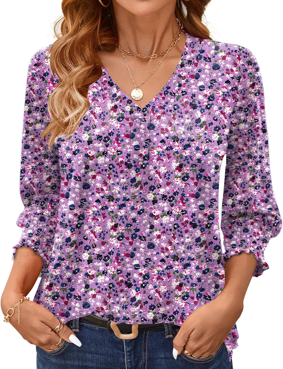 3/4 Length Sleeve Womens Tops Summer Fashion V Neck Business Casual Blouses Smocked Shirts