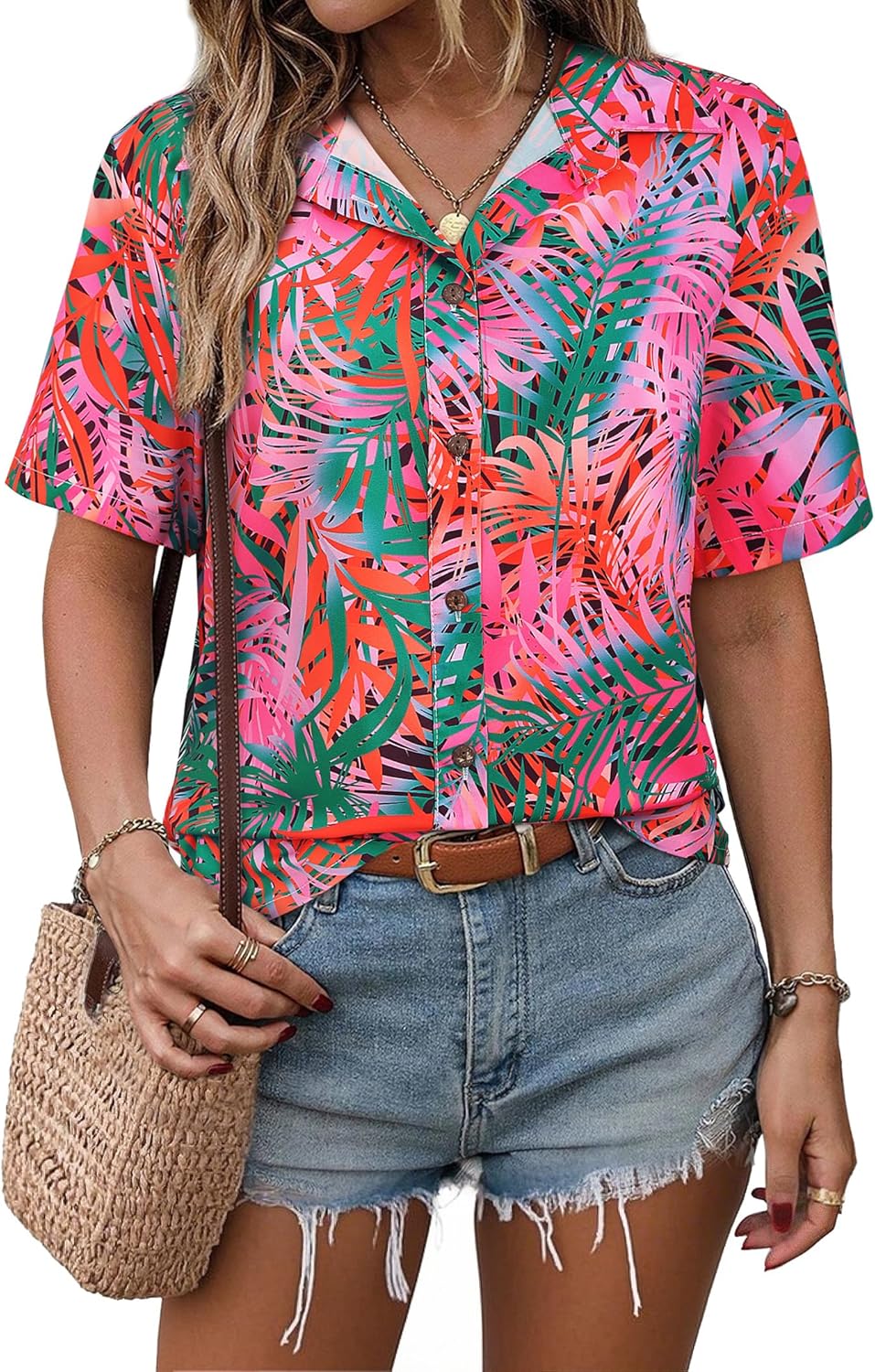 Women's Hawaiian Shirts Short Sleeve Button Down Soft Cool Floral Tropic Print Casual Blouse Tops