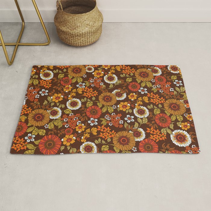 70s retro ditzy flowers, boho, browns, orange, hippie Rug Gallery Image 1