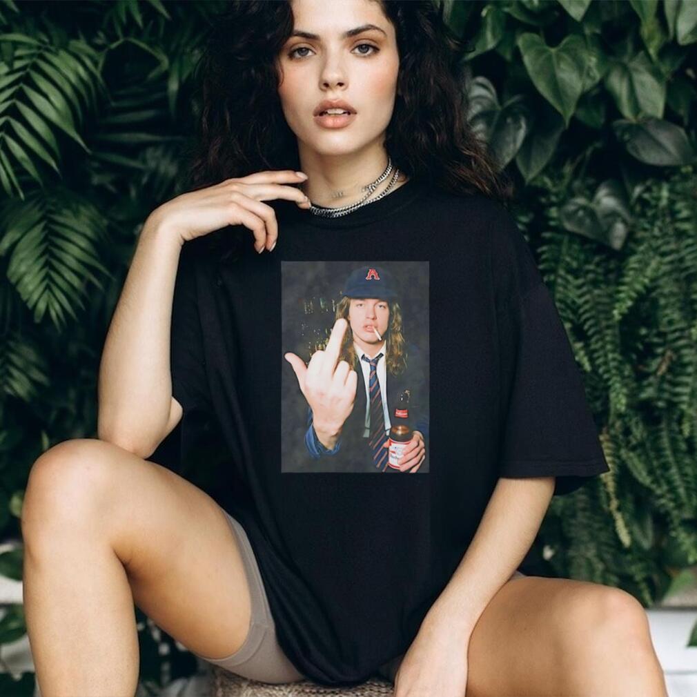 Angus Young holding beer middle finger shirt