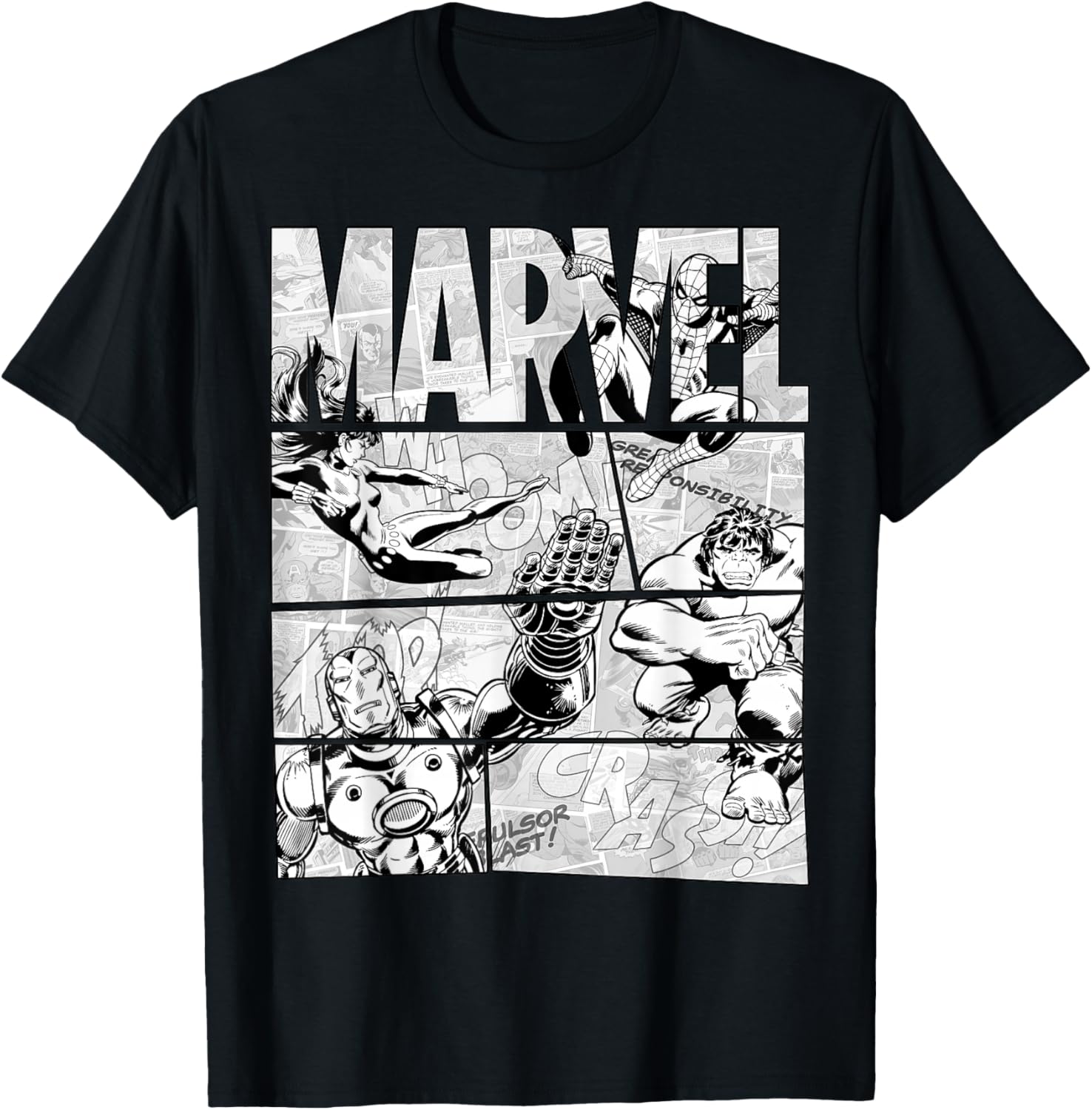 Avengers Retro Black and White Comic Graphic Short Sleeve T-Shirt