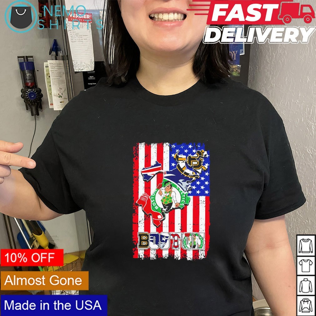 Boston sports Celtics Bruins Red Sox Patriots American flag shirt