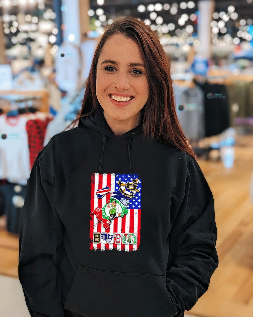 Boston sports Celtics Bruins Red Sox Patriots American flag shirt