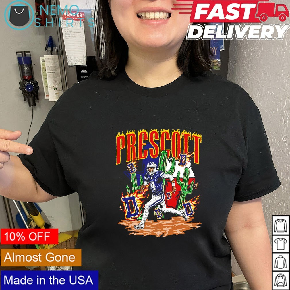 Dak Prescott Dallas Cowboys cactus Texas state flaming D logo shirt