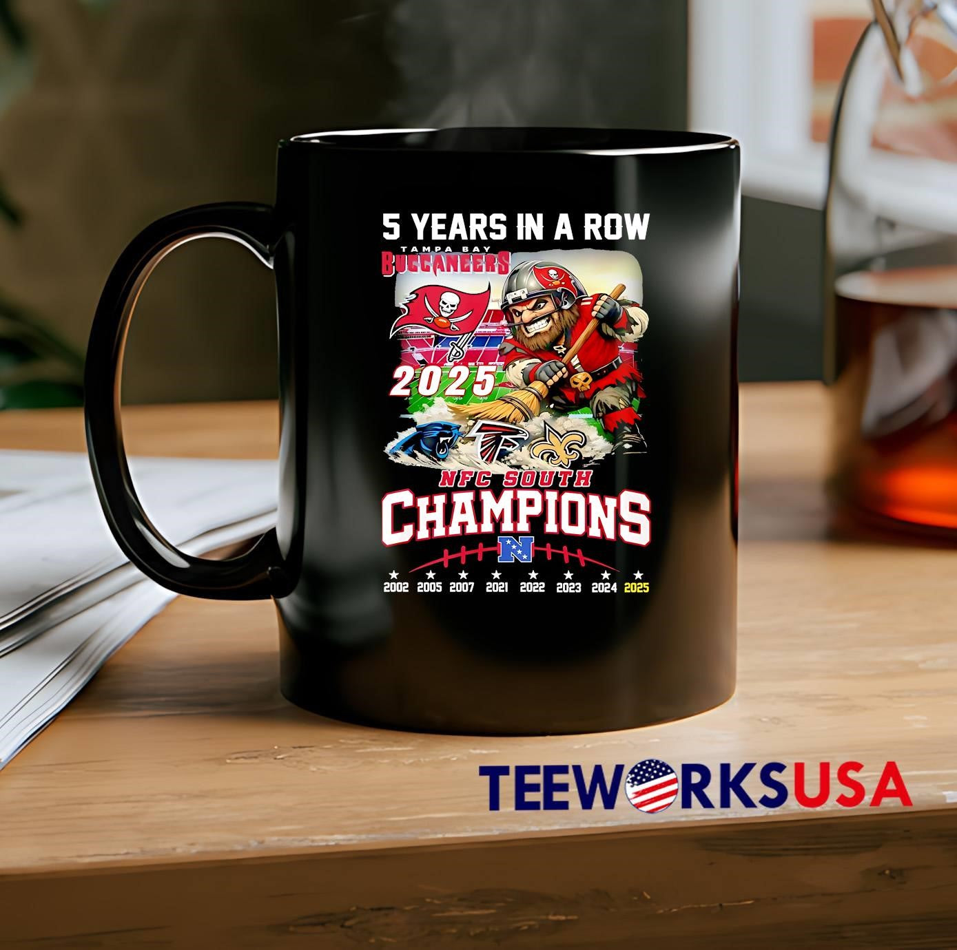 Funny Tampa Bay Buccaneers 2025 NFC South Champions 5 Years In A Row mascot shirt