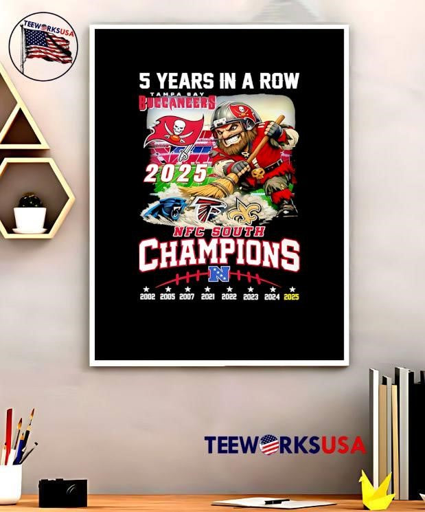 Funny Tampa Bay Buccaneers 2025 NFC South Champions 5 Years In A Row mascot shirt