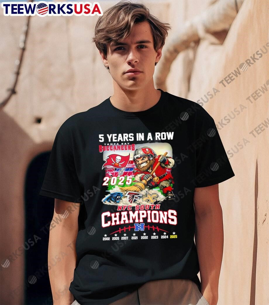 Funny Tampa Bay Buccaneers 2025 NFC South Champions 5 Years In A Row mascot shirt