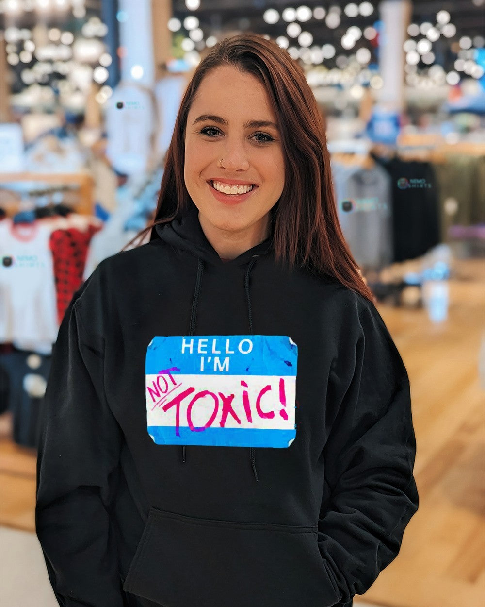 Hello I’m Not Toxic nametag graphic shirt