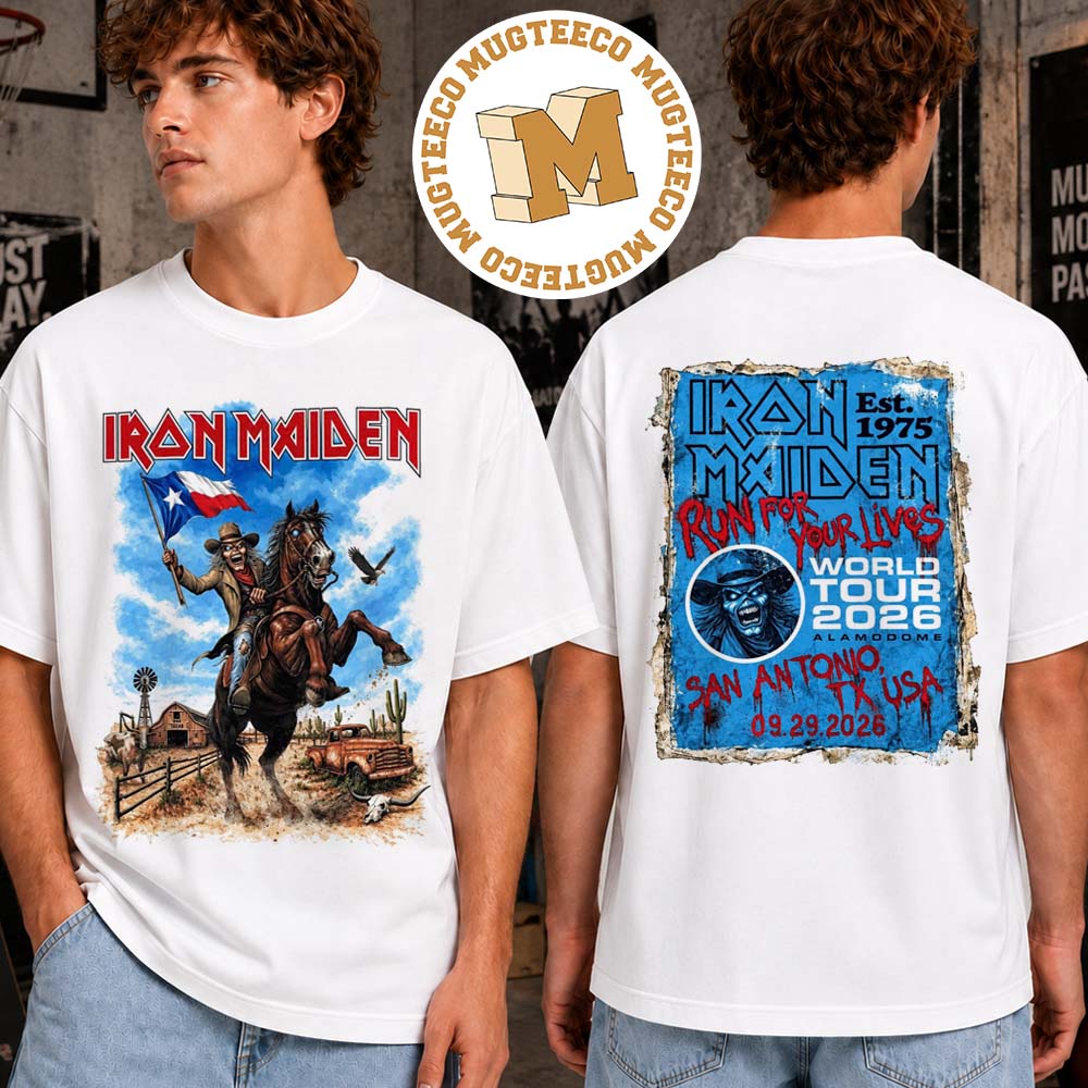 Iron Maiden Run For Your Lives World Tour 2026 San Antonio TX Merch Tee At Alamodome On September 29 2026 Two Sided Unisex White T-Shirt