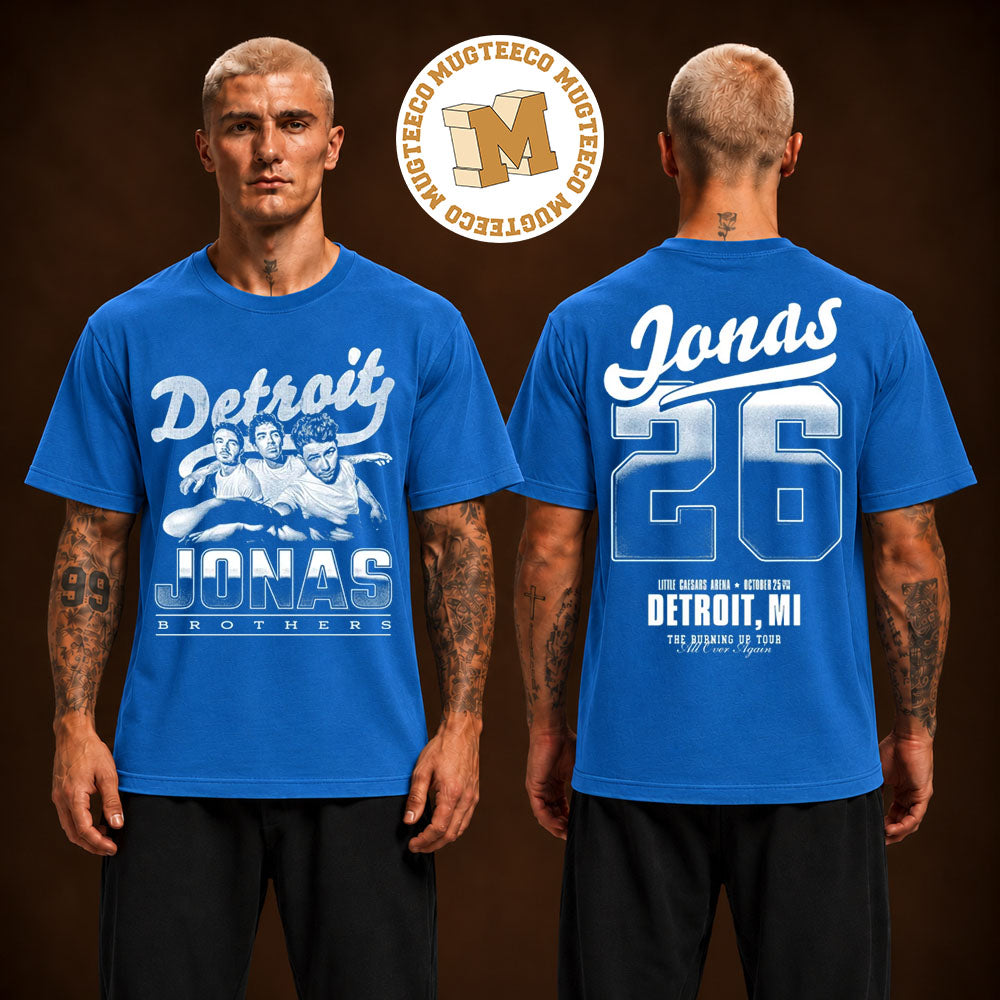 Jonas Brothers Burning Up All Over Again Detroit MI Two Sided Unisex Blue T-Shirt