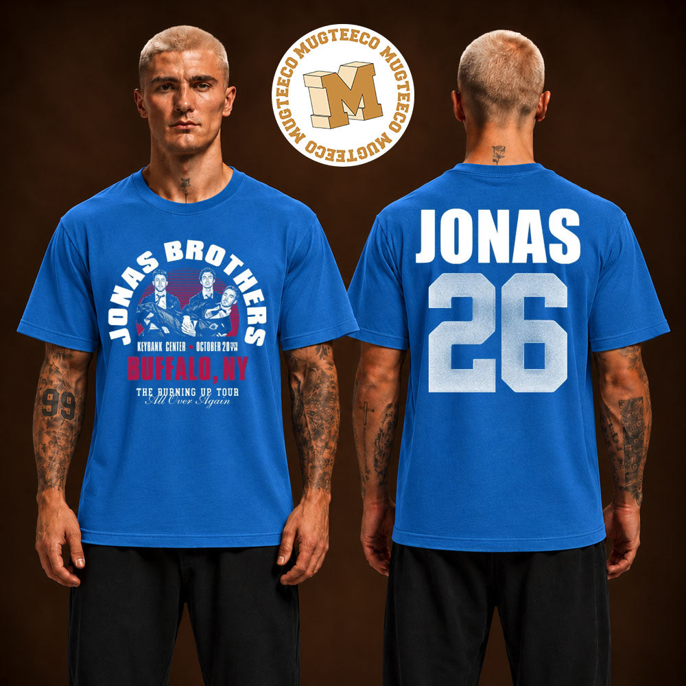 Jonas Brothers Merch Tee Burning Up All Over Again Buffalo NY City Two Sided Unisex T-Shirt