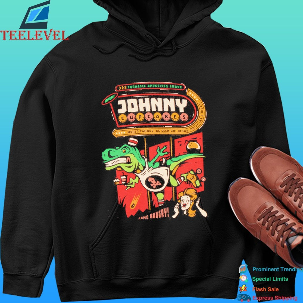 Jurassic Appetites Crave Open Johnny Cupcakes World Famous As Seen On Dinos Drive Ín And Dives Come Hungry Shirt