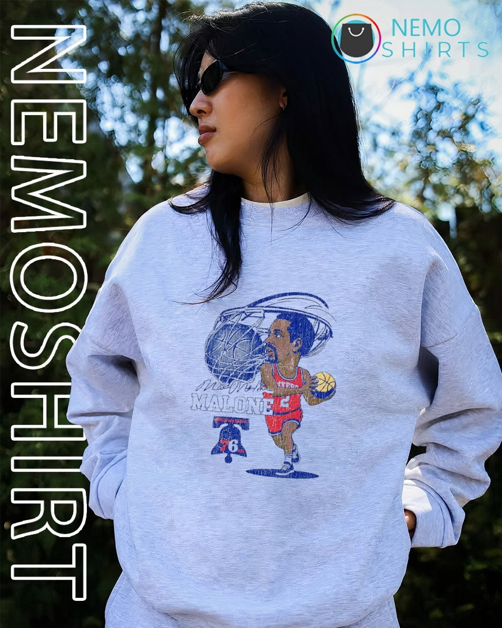 Moses Malone Philadelphia 76ers caricature graphic shirt