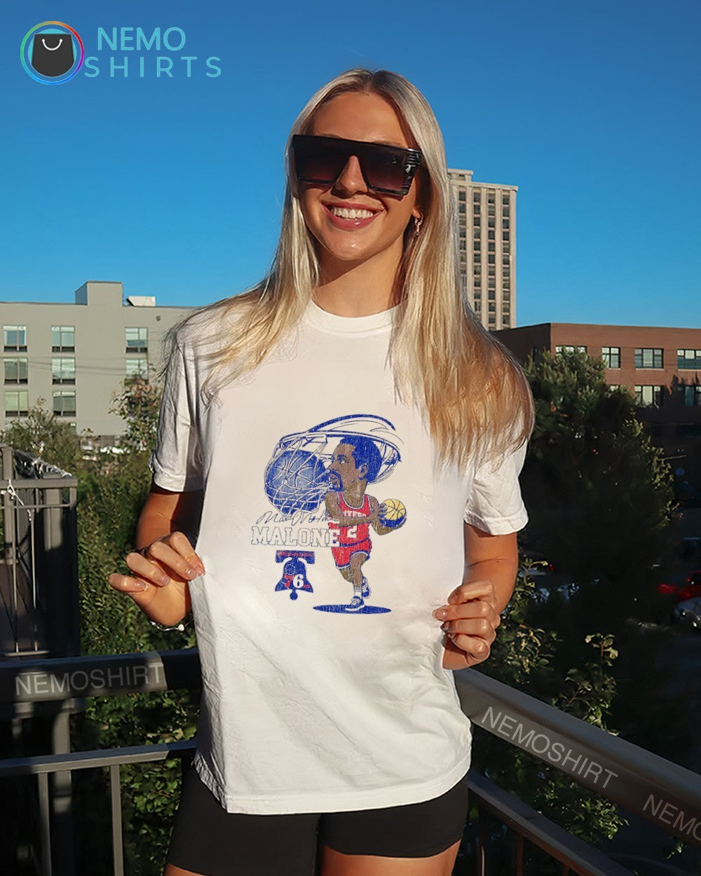 Moses Malone Philadelphia 76ers caricature graphic shirt