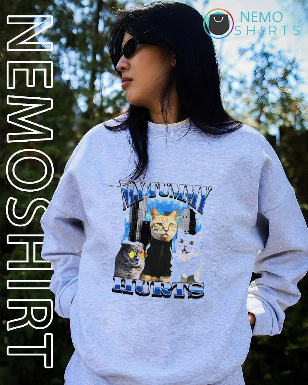 My tummy hurts cat bootleg graphic shirt