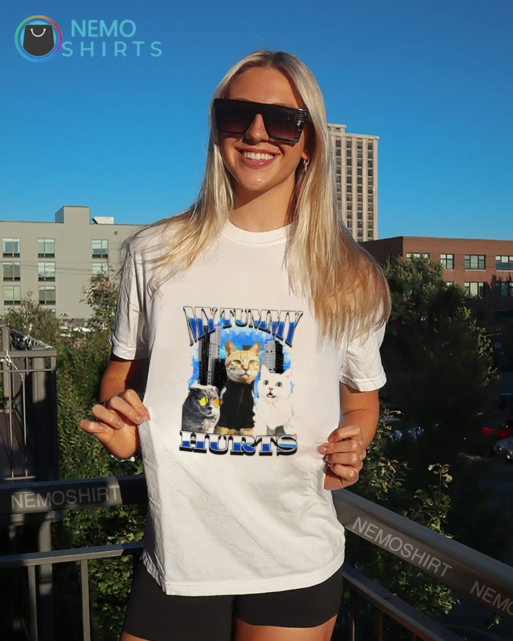 My tummy hurts cat bootleg graphic shirt