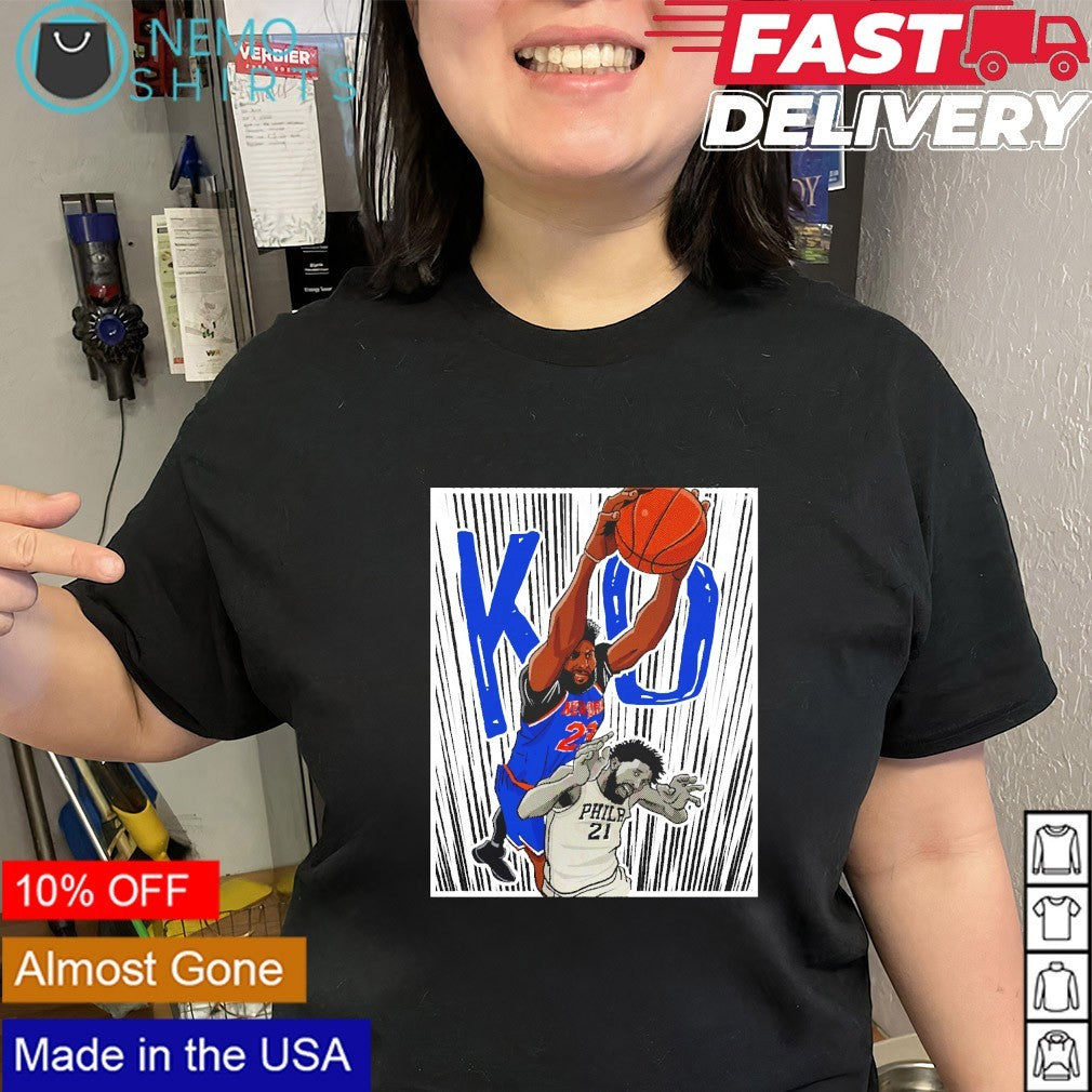 NY Knicks Jalen Brunson dunk on Sixers Joel Embiid shirt
