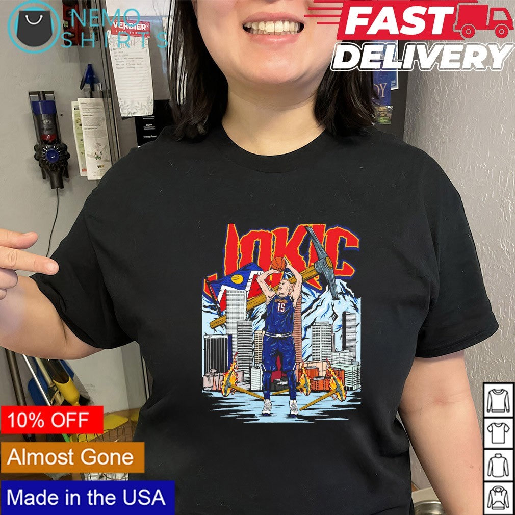 Nikola Jokić Denver Nuggets player hammers skyscraper graphic shirt