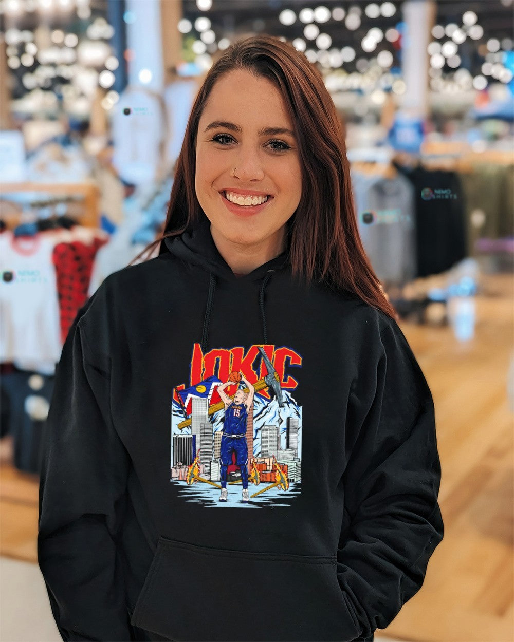 Nikola Jokić Denver Nuggets player hammers skyscraper graphic shirt