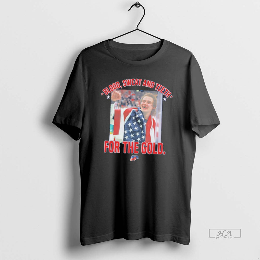 Official Jack Hughes Olympic Golden Goal Blood Sweat And Teeth Tee