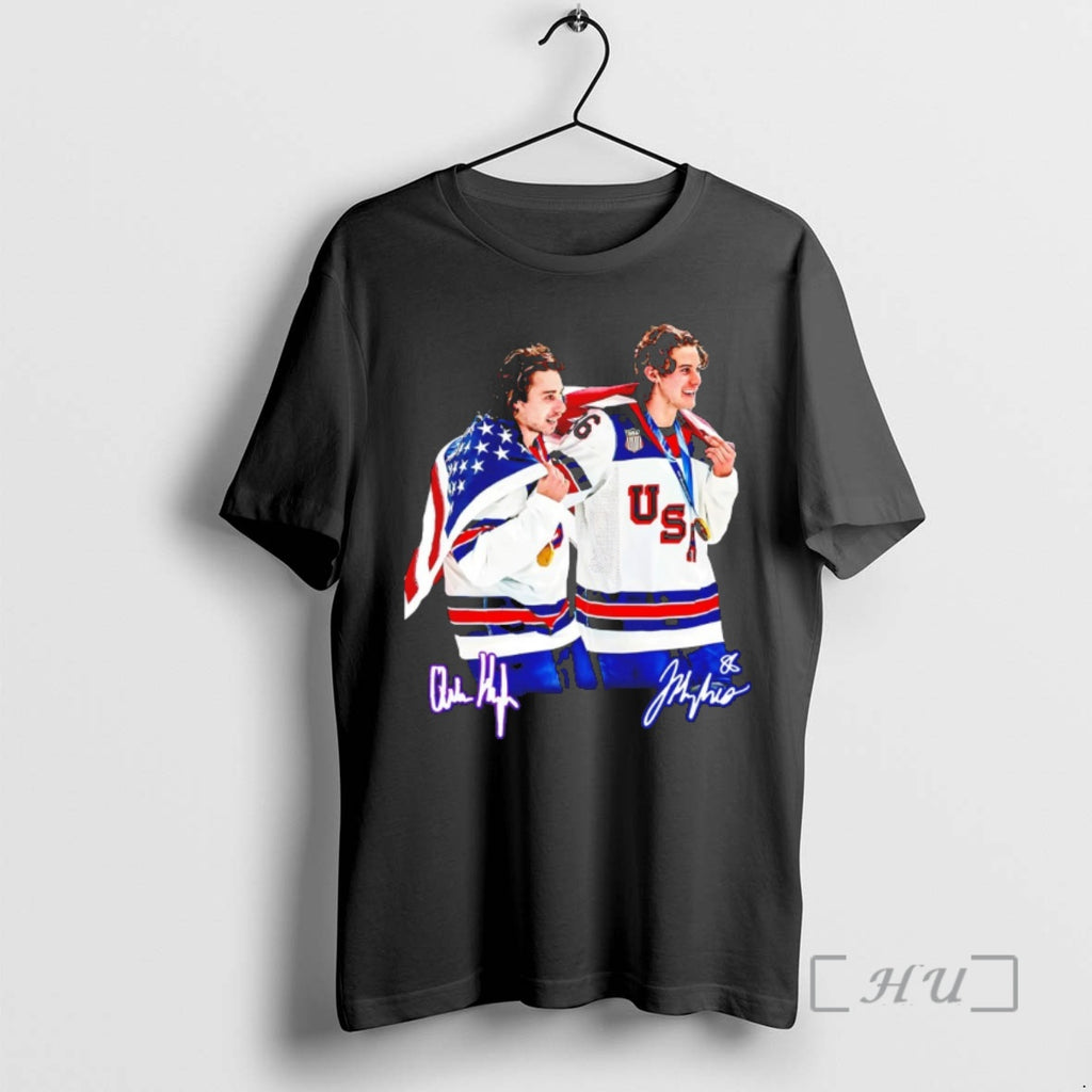 Officials Jack Hughes And Quinn Hughes Usa Gold Medal Hockey Champion Signatures Premium T Shirts